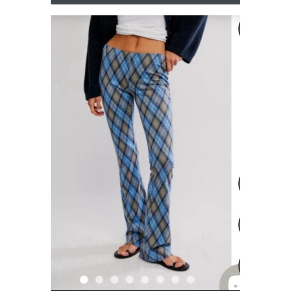 Free People Chloe Knit Pants blue plaid pattern flare leg NWT size Large